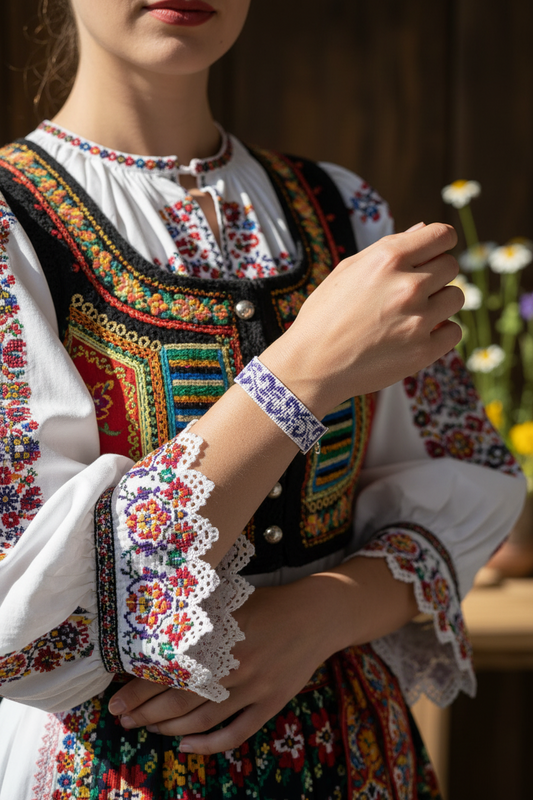 bielo fialový minimalistický tkaný náramok Harakka Jewls