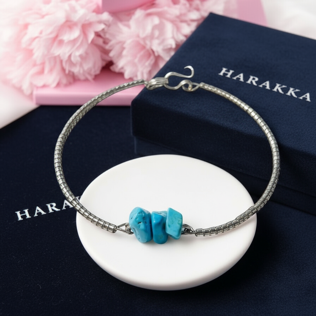 Náramok so striebornými korálikmi a tyrkysom – Harakka Jewls