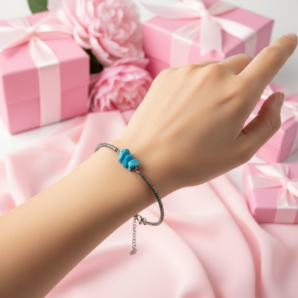 Náramok so striebornými korálikmi a tyrkysom – Harakka Jewls