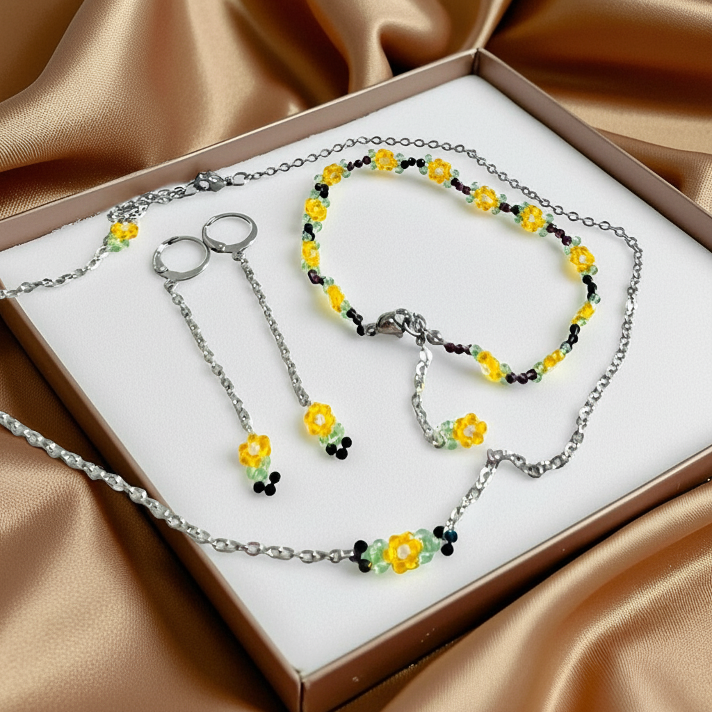 Set Slnečný lúč – náušnice, náramok a retiazka z brúsených korálikov HA34