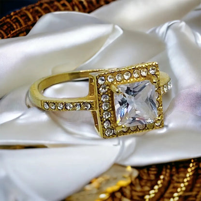 Gold ring "Royal Brightness" - square zircon with rhinestones made of surgical steel