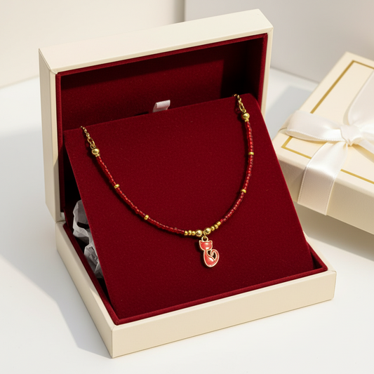 červený korálikový náhrdelník so zlatými detailmi a príveskom mačka