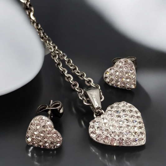 Silver surgical steel set - heart-shaped earrings and pendant heart set with zircons in silver design 1002277