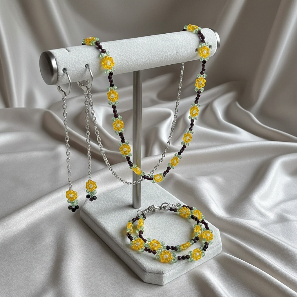 Set Slnečný lúč – náušnice, náramok a retiazka z brúsených korálikov HA34