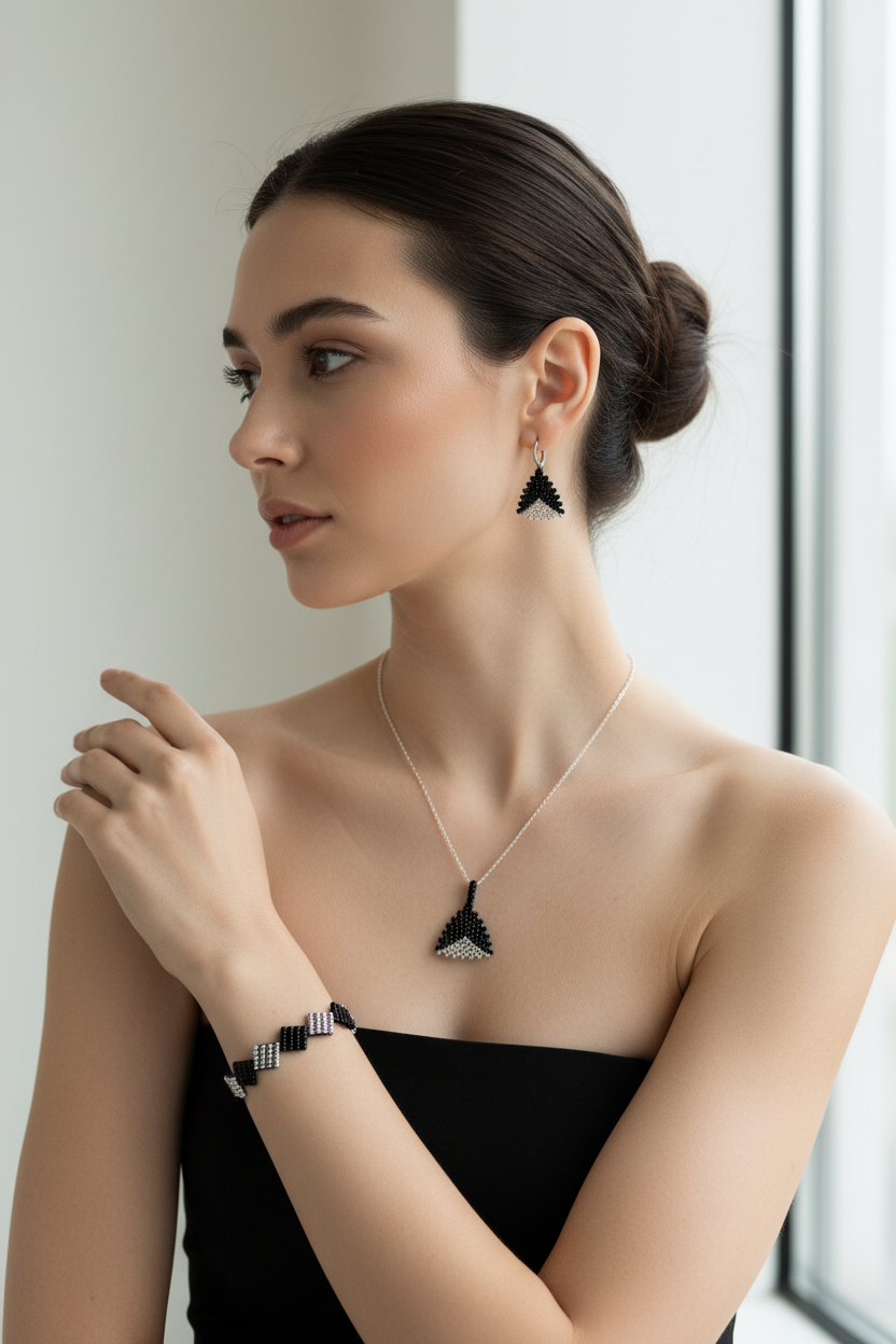 Ručne robený čierno strieborný set šperkov s geometrickým vzorom Harakka