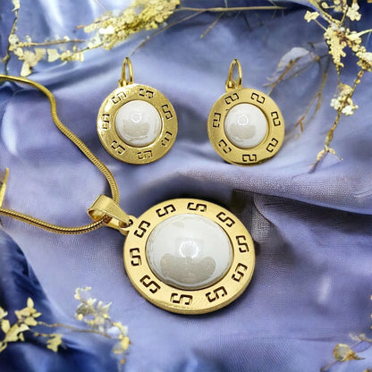 Set White gold S0020 from surgical steel with white stone - earrings and pendant