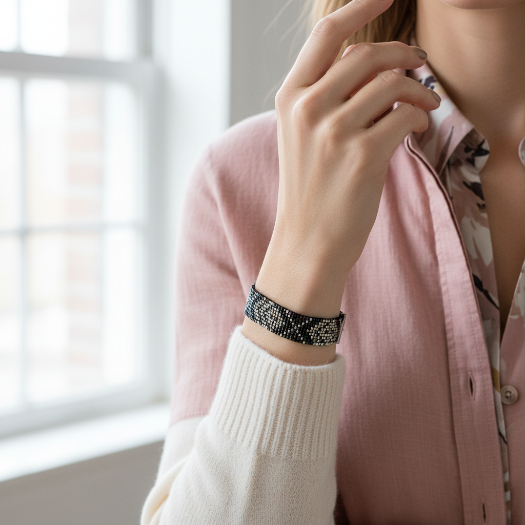 Ručne tkaný náramok Nočný Atlas v tmavých a strieborných tónoch na zápästí

Detail vzoru náramku Nočný Atlas z tmavomodrých, hnedých a strieborných korálikov

Elegantný ručne tkaný náramok Nočný Atlas s magnetickým zapínaním