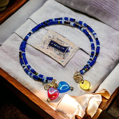 Blue Tenderness Bracelet – double, with beads and hearts