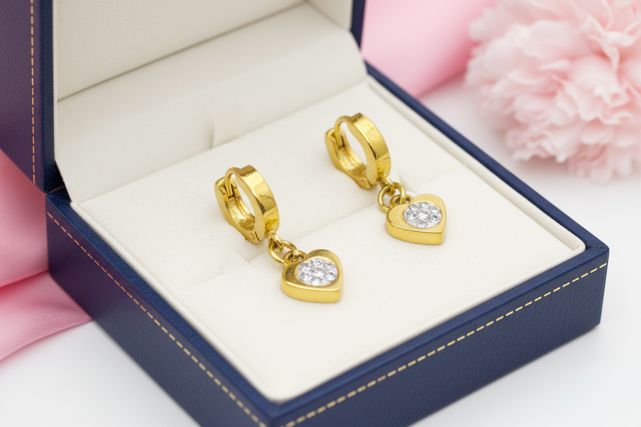 Jemné zlaté náušnice so srdiečkovým príveskom z chirurgickej ocele – Harakka Jewls