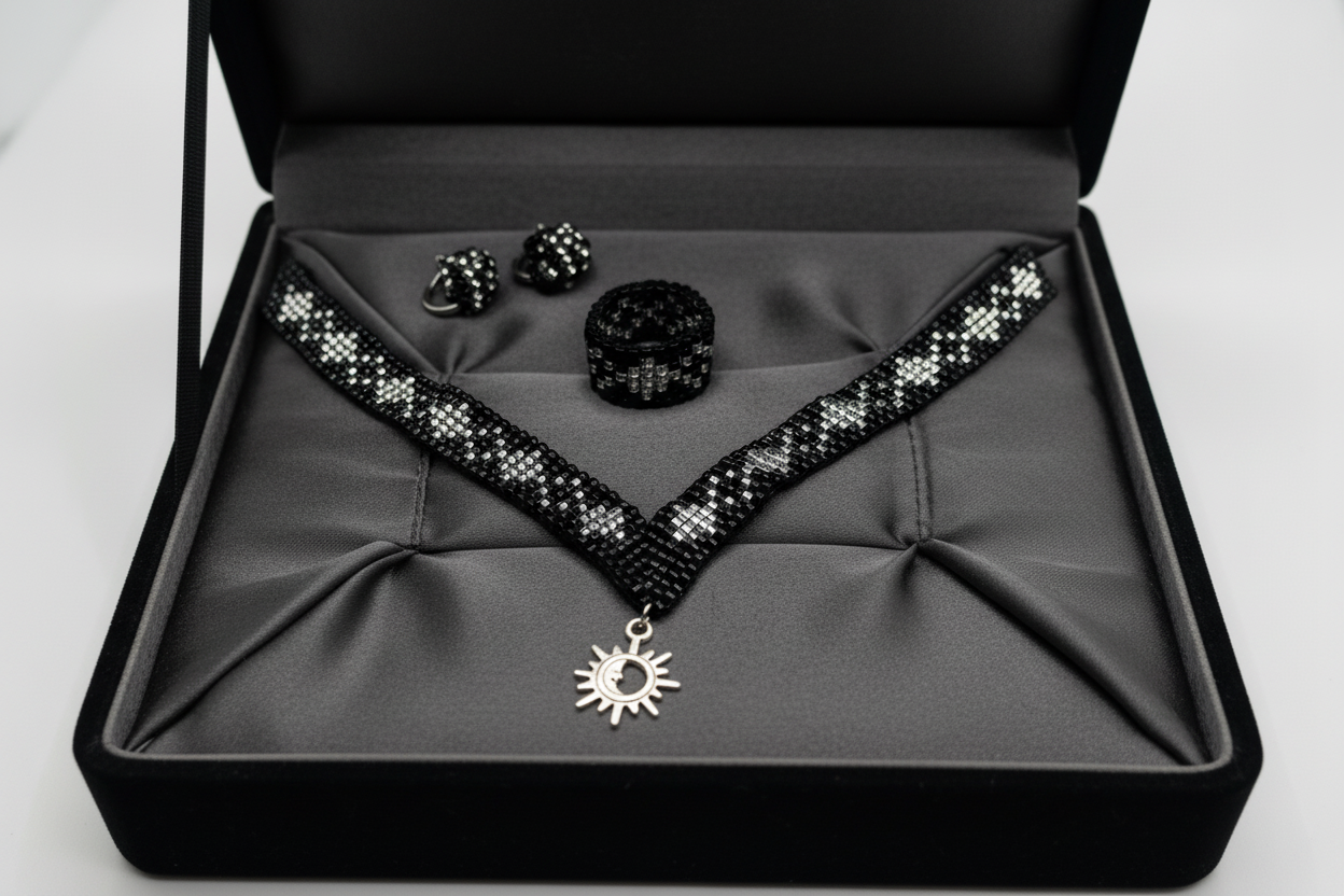 Ručne robený čierny šperkový set zo sklenených korálok so slnečným príveskom