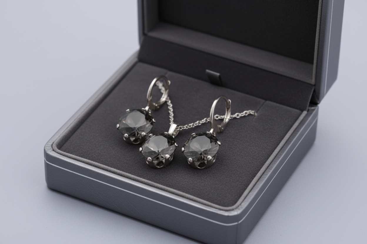 Strieborný set z chirurgickej ocele s čiernymi kamienkami – náušnice a prívesok Harakka Jewls