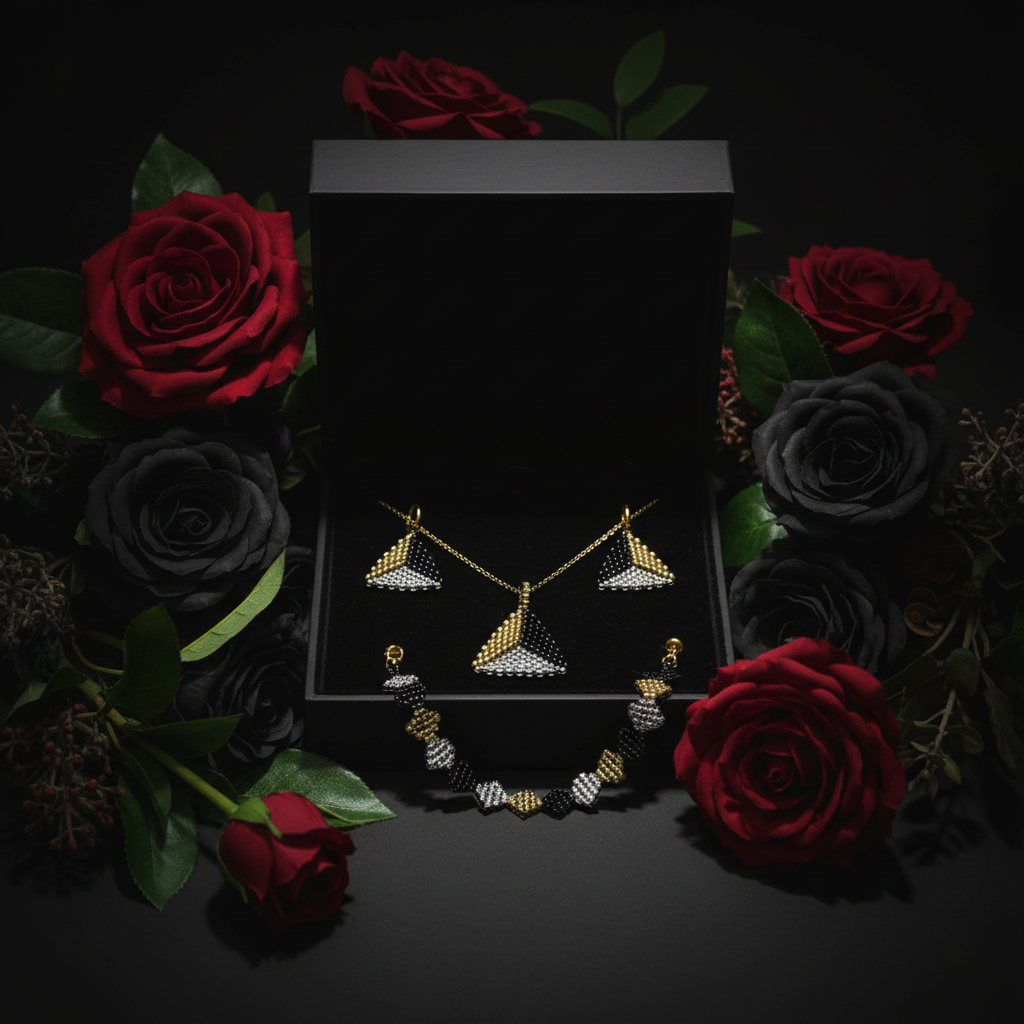 Ručne robený set šperkov v čiernej striebornej a zlatej farbe s geometrickým vzorom Harakka