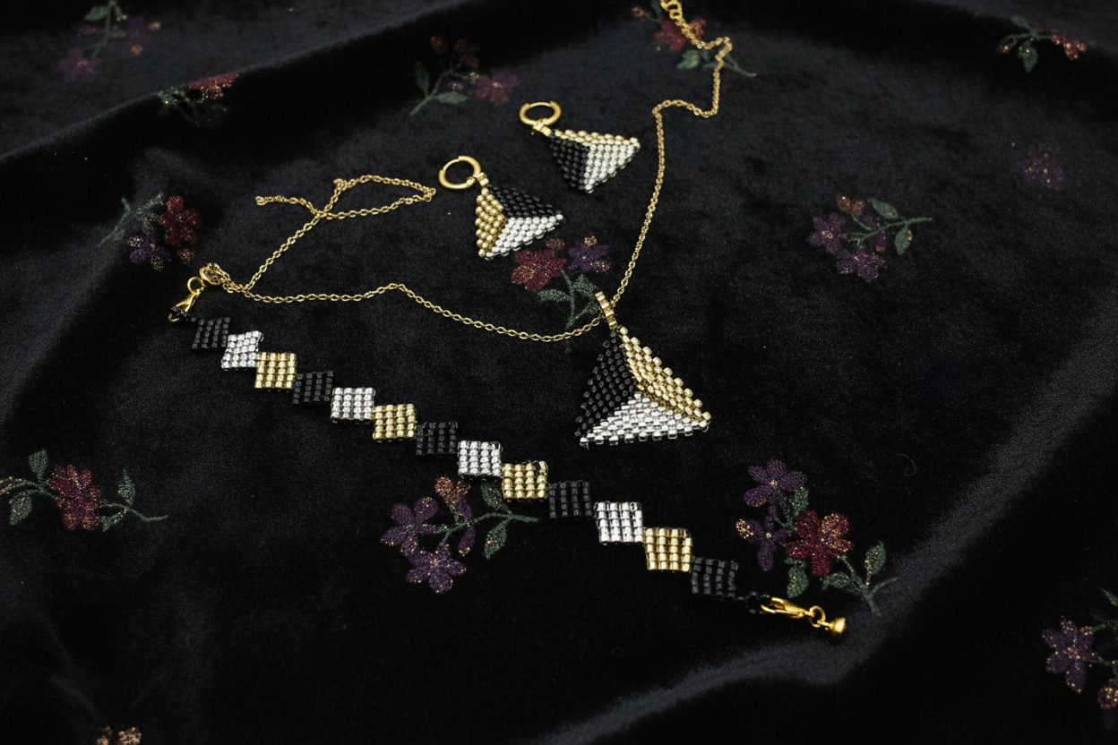 Ručne robený set šperkov v čiernej striebornej a zlatej farbe s geometrickým vzorom Harakka