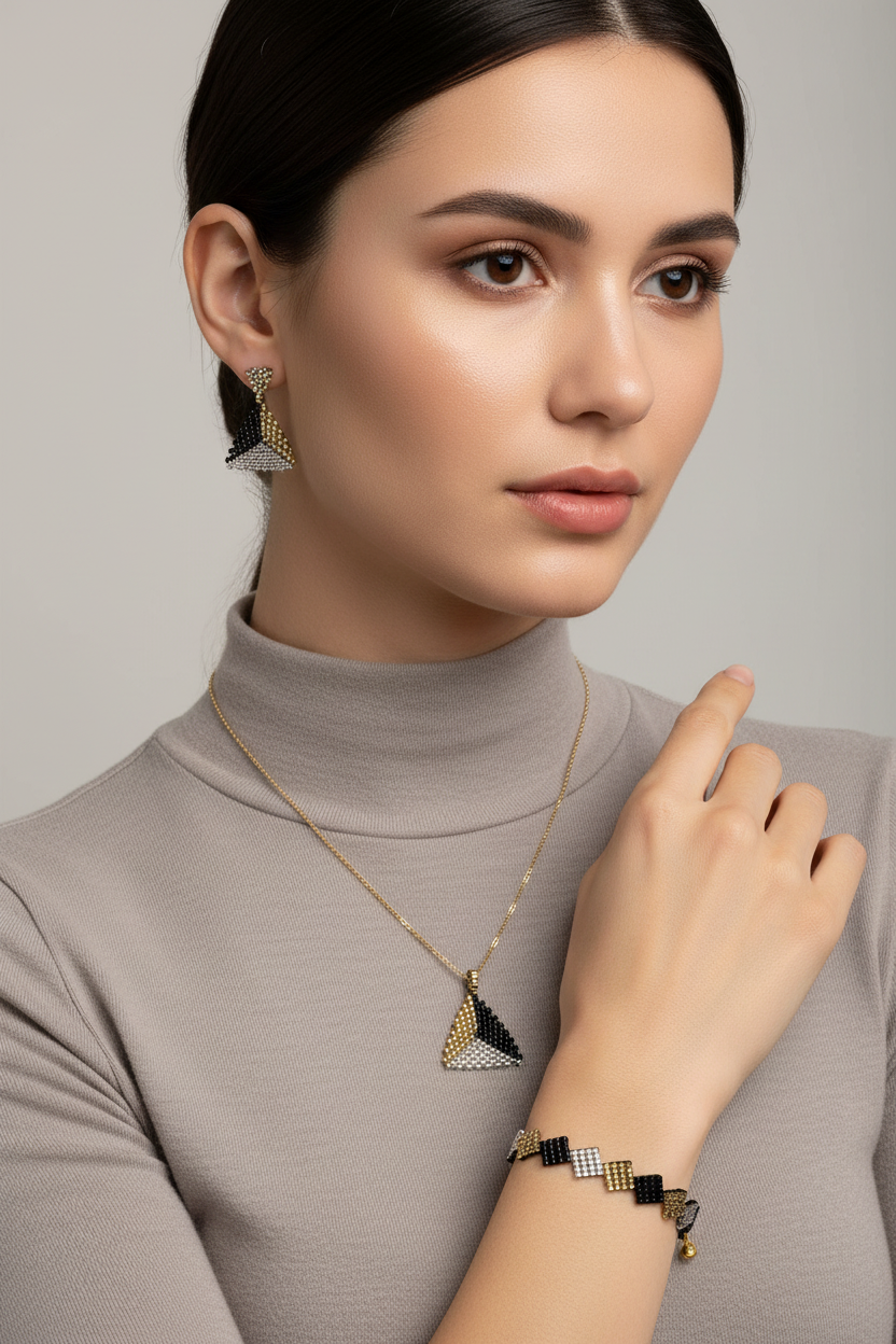 Ručne robený set šperkov v čiernej striebornej a zlatej farbe s geometrickým vzorom Harakka