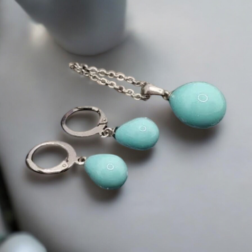 Silver surgical steel set - dangle earrings and pendant with turquoise stones turquoise bead set silver earrings and pendant 1002274