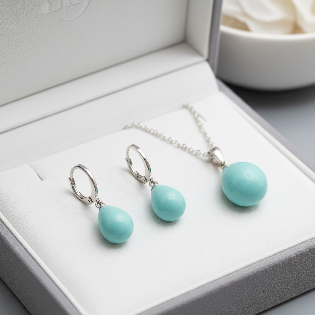 Strieborný set visiacich náušníc a prívesku s tyrkysovými kameňmi – Harakka Jewls