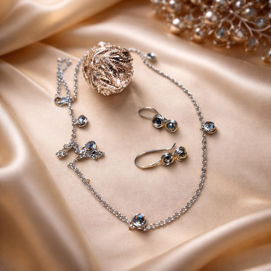 Golden jewellery set with plated beads - earrings and necklace