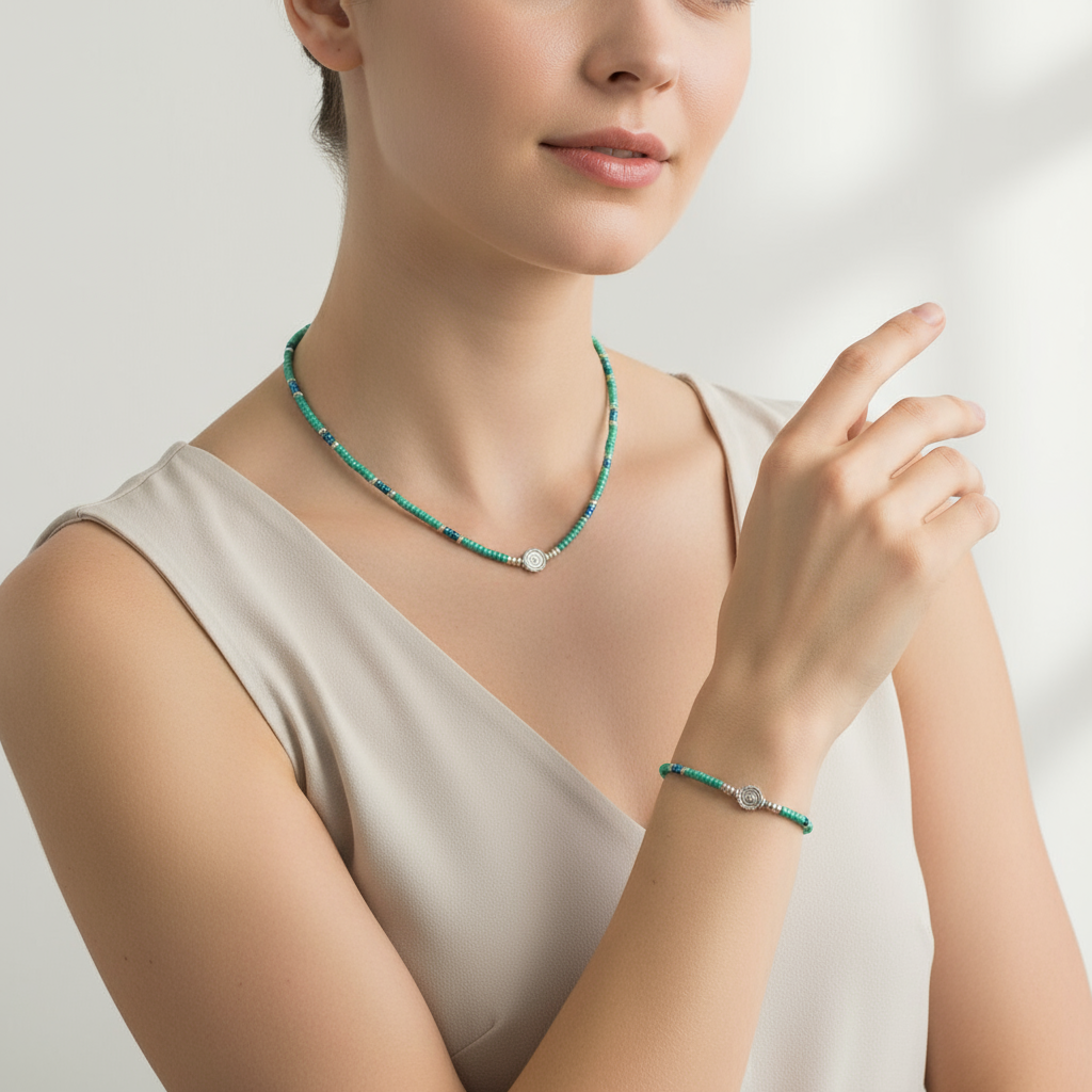 Set Svetlonoška – náramok a náhrdelník z jemných korálikov so striebornou ozdobou R1