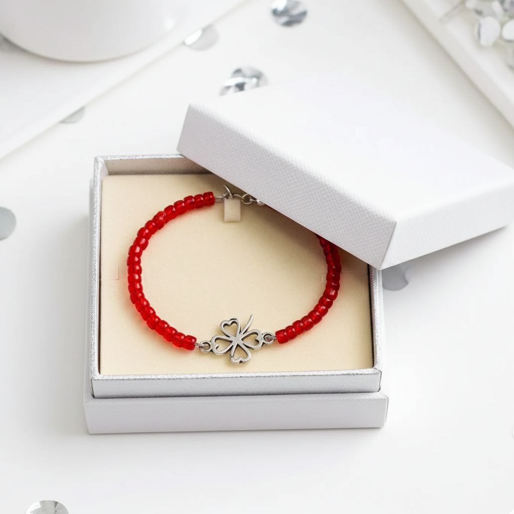 Bracelet with red beads and a pendant in the shape of a four-leaf clover | Beads with a diameter of 3 mm | Surgical steel pendant measuring 1.2 x 1.2 cm HN13