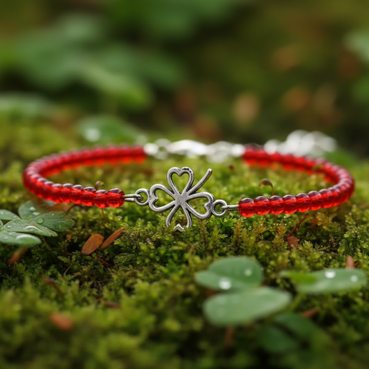 Bracelet with red beads and a pendant in the shape of a four-leaf clover | Beads with a diameter of 3 mm | Surgical steel pendant measuring 1.2 x 1.2 cm HN13