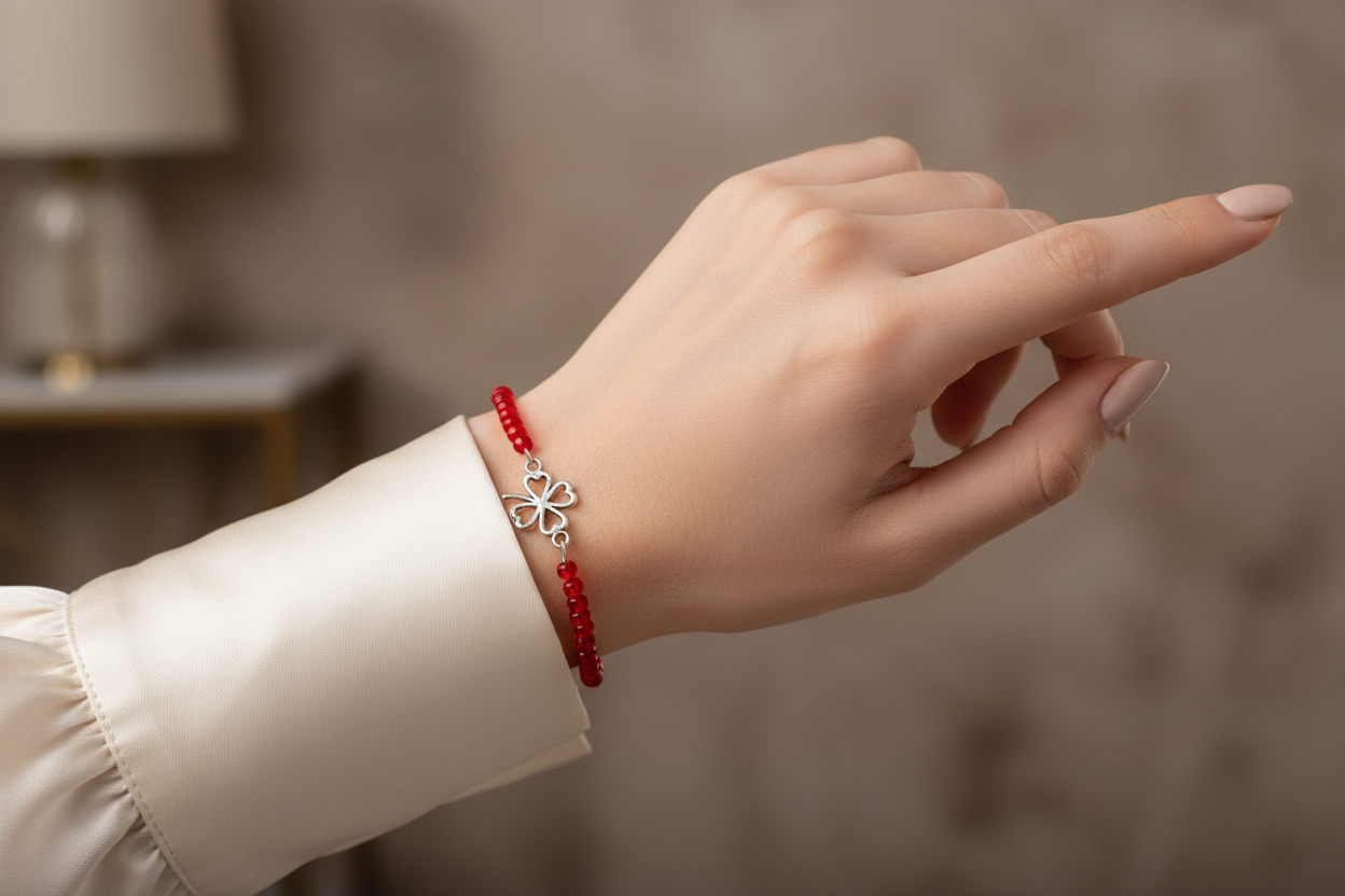 Bracelet with red beads and a pendant in the shape of a four-leaf clover | Beads with a diameter of 3 mm | Surgical steel pendant measuring 1.2 x 1.2 cm HN13