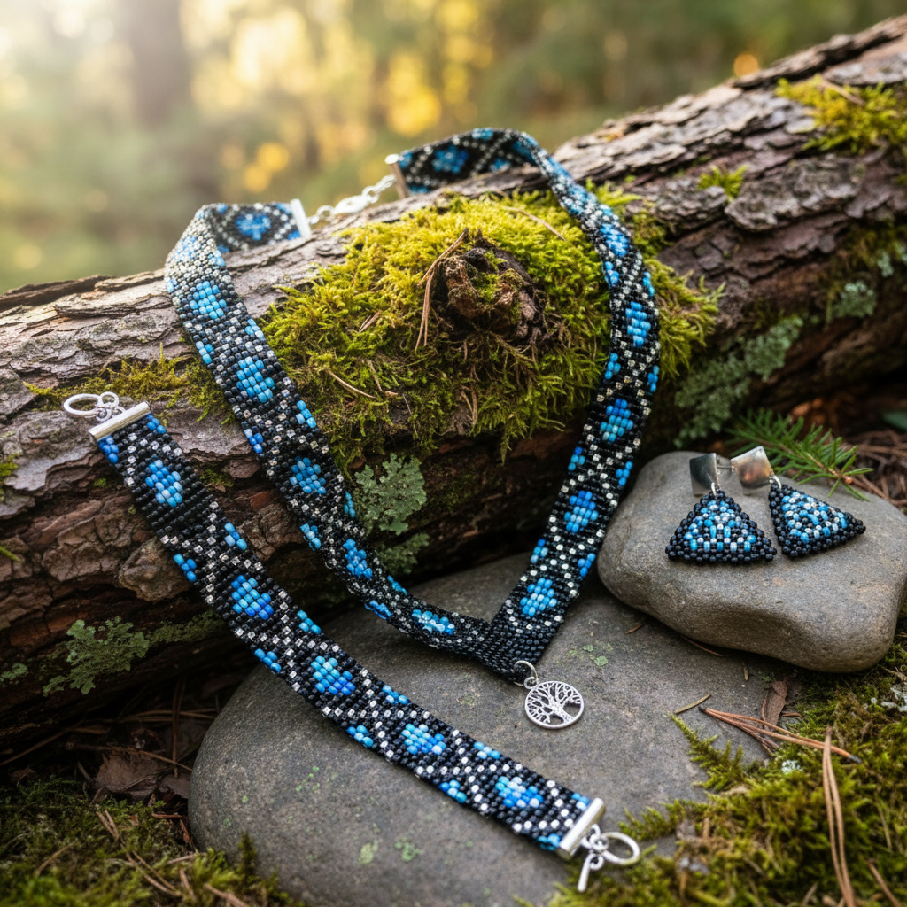 modro čierny set strom života harakka nahrdelnik naramok nausnice rucna vyroba