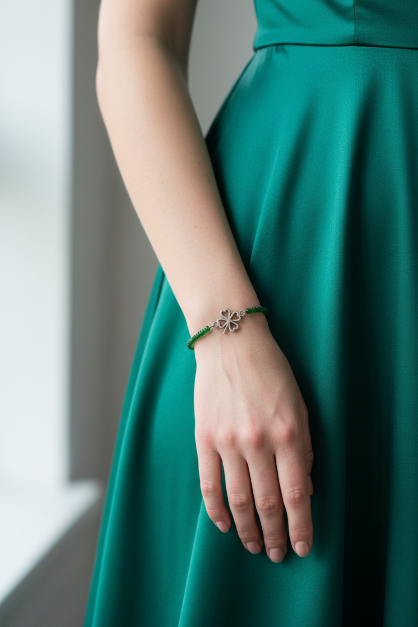 Bracelet with red beads and a pendant in the shape of a four-leaf clover | Beads with a diameter of 3 mm | Surgical steel pendant measuring 1.2 x 1.2 cm HN13