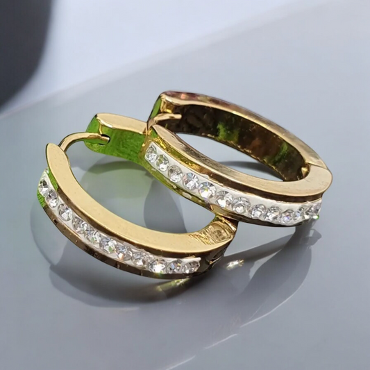 Gold earrings made of surgical steel with rhinestones - elegant design, diameter 2.3 cm earrings inlaid with rhinestones in gold 1002352