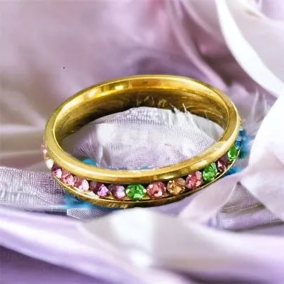 Alegria Ring – gold wedding band with colourful surgical steel rhinestones