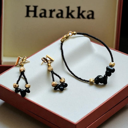 Tieňová sila – ručne robený set náušníc a náramku s obsidiánom a čiernymi korálkami | Harakka Jewls