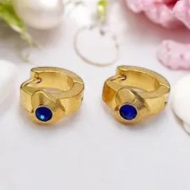 Gold surgical steel earrings with a heart and a blue stone children's earrings with a heart with a blue stone gold A0276
