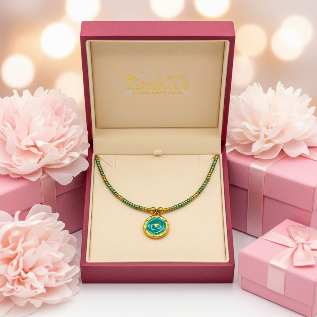 zeleno zlatý náhrdelník s okrúhlym príveskom z chirurgickej ocele