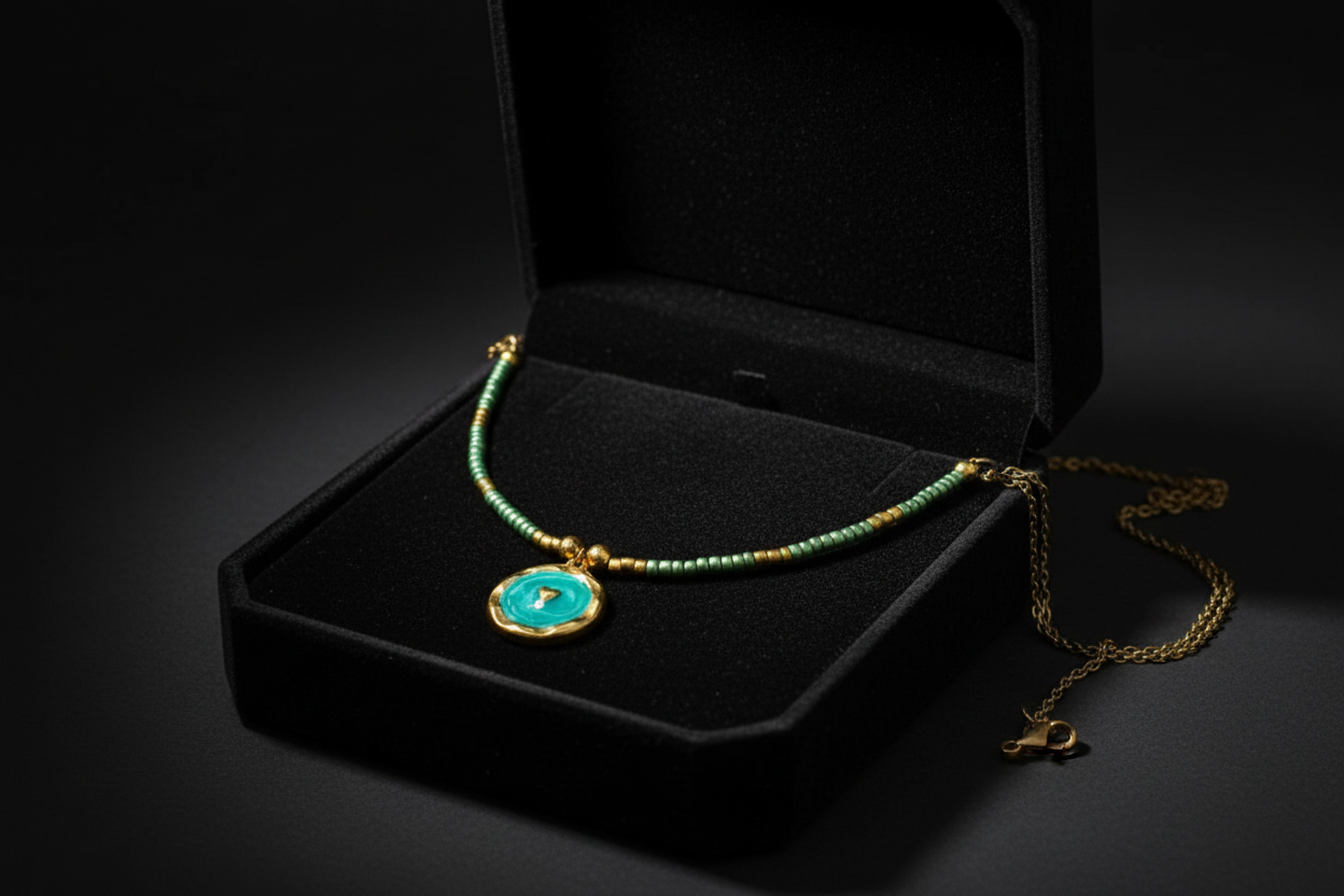 zeleno zlatý náhrdelník s okrúhlym príveskom z chirurgickej ocele