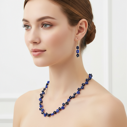 Night Harmony — necklace, bracelet, and earring set made of dark blue faceted beads