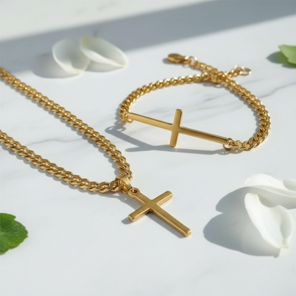 Zlatý set retiazka a náramok s krížom z chirurgickej ocele – Harakka Jewls