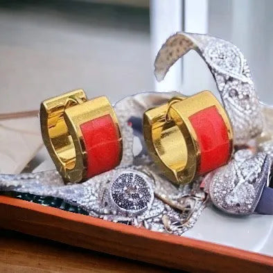 Gold earrings made of surgical steel with red stone - nickel free gold earrings SISI A21 21031316