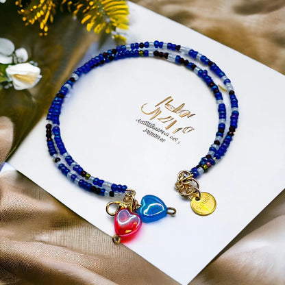 Blue Tenderness Bracelet – double, with beads and hearts