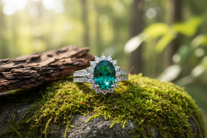 Prsteň so zeleným kameňom a zirkónmi – Iskra elegancie