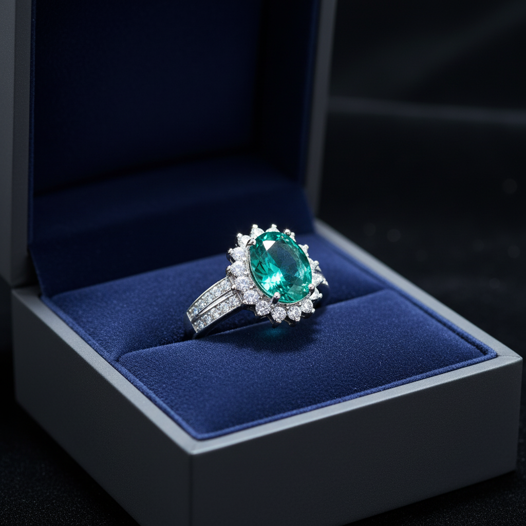 Prsteň so zeleným kameňom a zirkónmi – Iskra elegancie