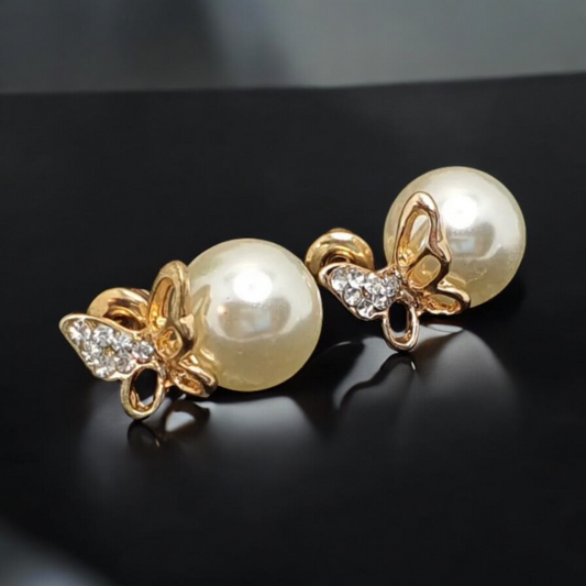 Elegant costume jewelry earrings - white pearl and butterfly decorated with rhinestones Butterfly earrings 1000743