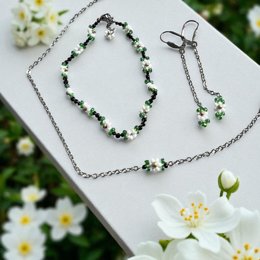 Set "Spring Flowers" - earrings, bracelet and necklace made of surgical steel HA56