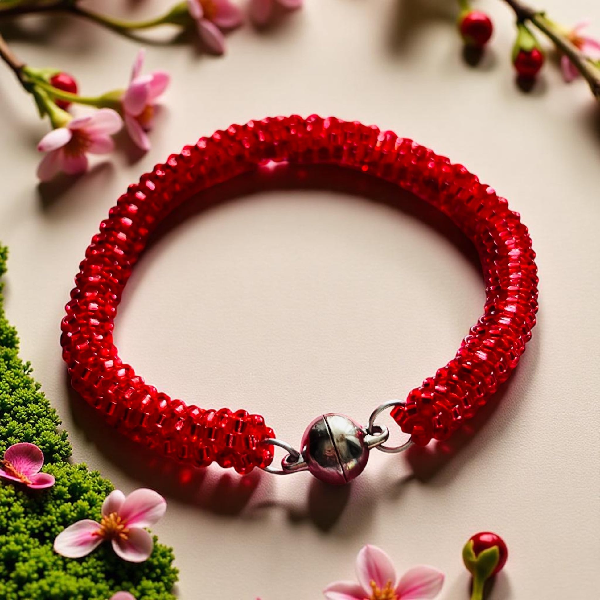 Náramok Červený Plameň – červený náramok z korálok s magnetickým zapínaním, symbol odvahy a ochrany | Harakka Jewls