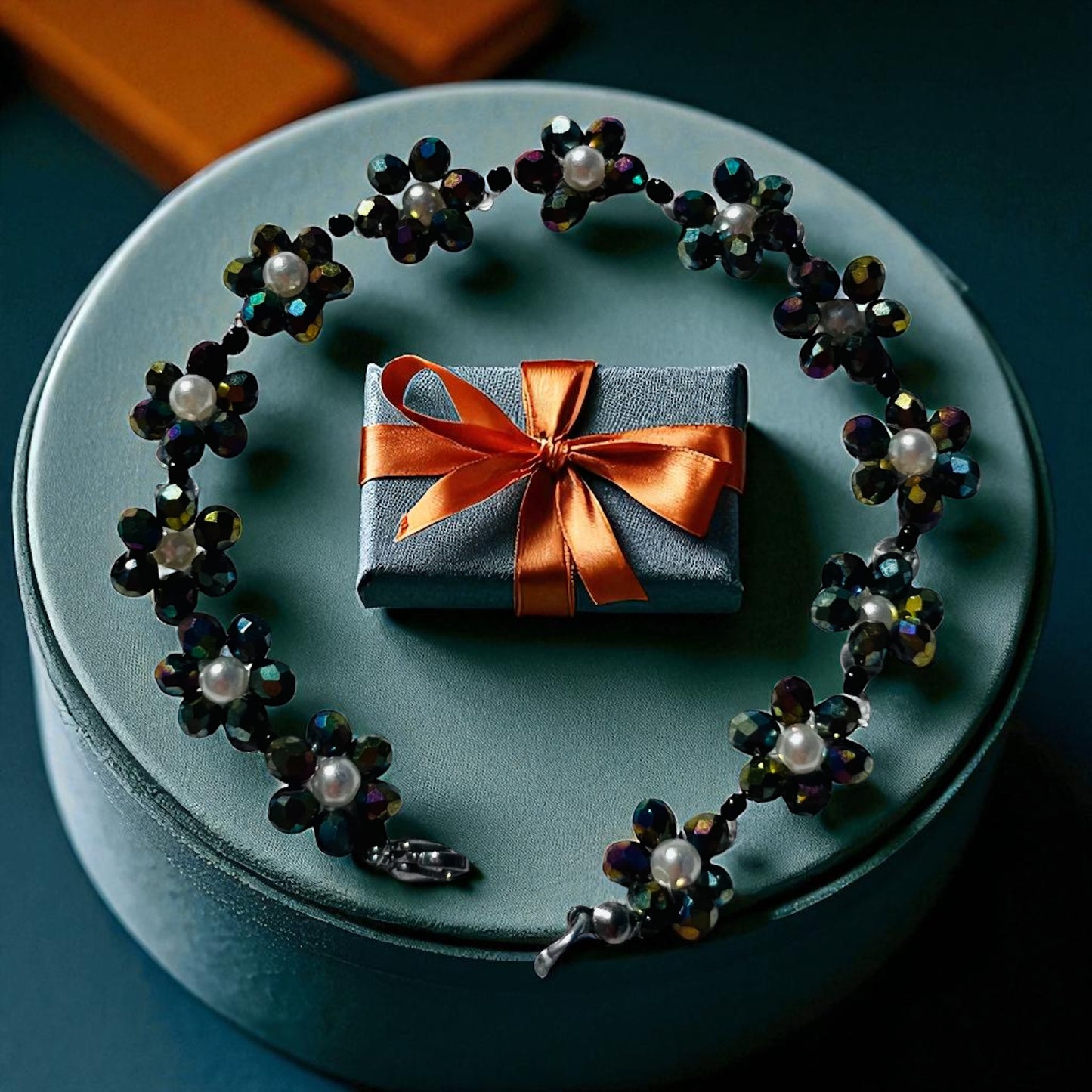 Ručne šitý náramok Nočné Kvety s perlami a čiernymi korálkami – Harakka Jewls