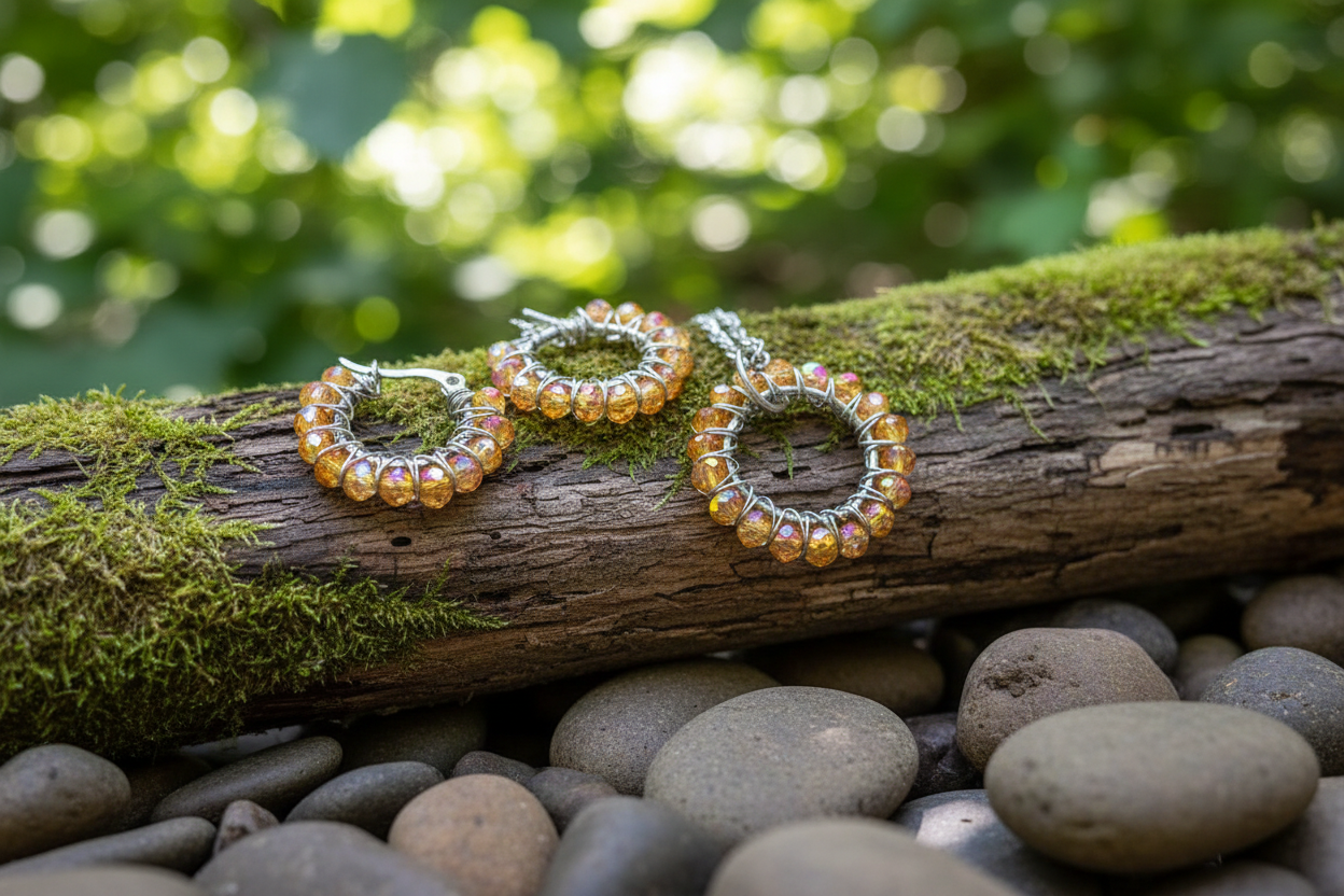 Set Iskrivý Oheň – ručne robené šperky so sklenenými brúsenými korálikmi Harakka Jewls
	2.	Ohnivé kruhové náušnice so zlatými sklenenými korálikmi
	3.	Prívesok so symbolom kruhu – Harakka Jewls
	4.	Elegantný set šperkov v darčekovej krabičke Harakka

