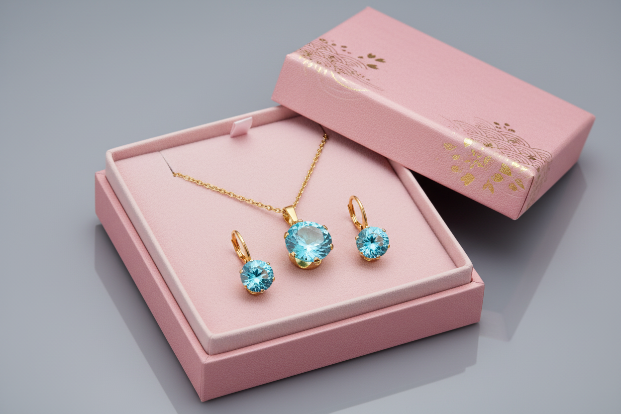 Zlatý set z chirurgickej ocele s modrým kameňom – náhrdelník a visiace náušnice Harakka Jewls