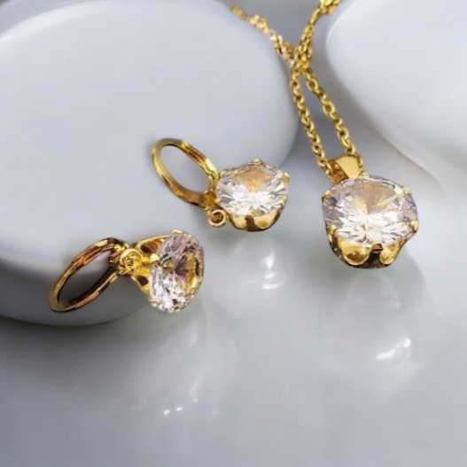 Gold surgical steel set - dangle earrings and pendant with crystal stones set with white stones in gold design 1002327