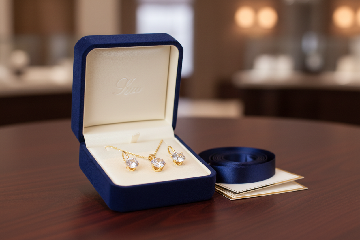 zlatý set náušnice a prívesok s krištáľovým kamienkom elegantný šperk Harakka