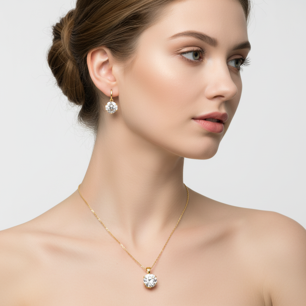 zlatý set náušnice a prívesok s krištáľovým kamienkom elegantný šperk Harakka