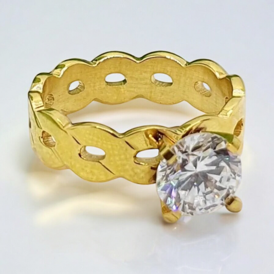 Surgical steel gold ring with elaborate design and zircon Bridal ring braided in gold design 1002303