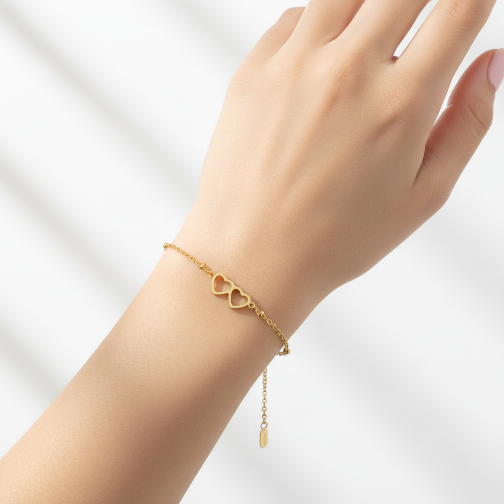 Gold Surgical Steel Bracelet with Balls and Double Heart bracelet double heart in gold design 1002304